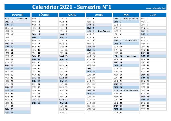 calendrier 2021 1er semestre avec jours fériés