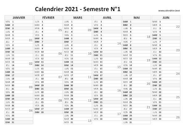 calendrier 2021 avec numéros de semaine, 1er semestre