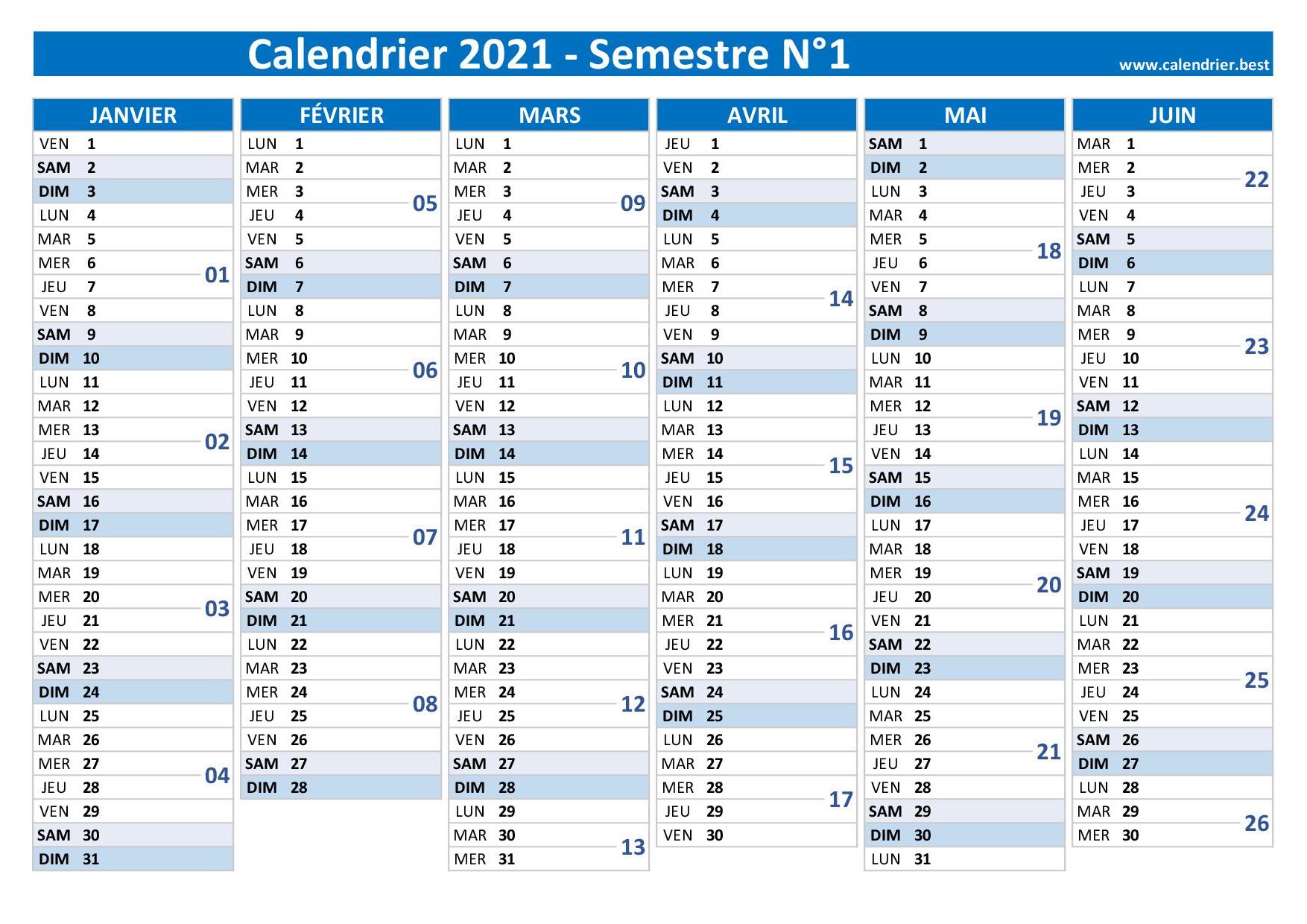 Calendrier semestriel 2021 à imprimer pour le 1er et le 2ème semestre 2021