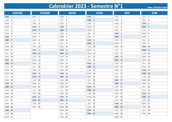 Calendrier semestriel 2023 à imprimer pour le 1er et le 2ème semestre 2023