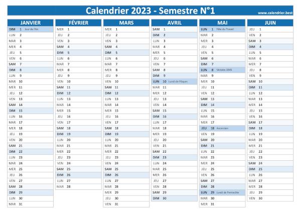 Calendrier semestriel 2023 à imprimer pour le 1er et le 2ème semestre 2023