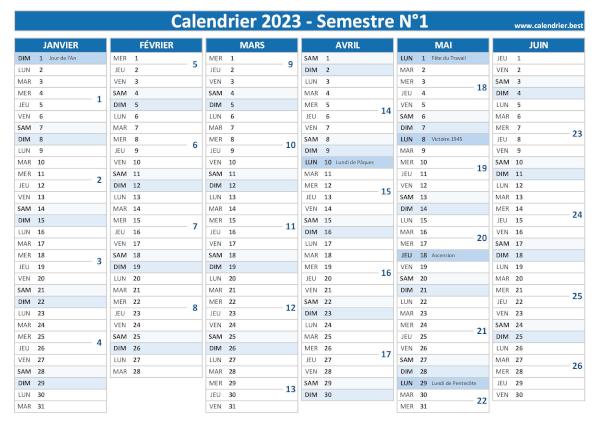 calendrier 2023 avec semaines paires et impaires, 1er semestre