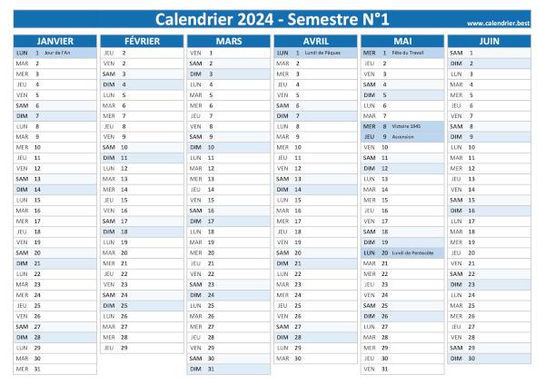 Calendrier semestriel 2024 à imprimer pour le 1er et le 2ème
