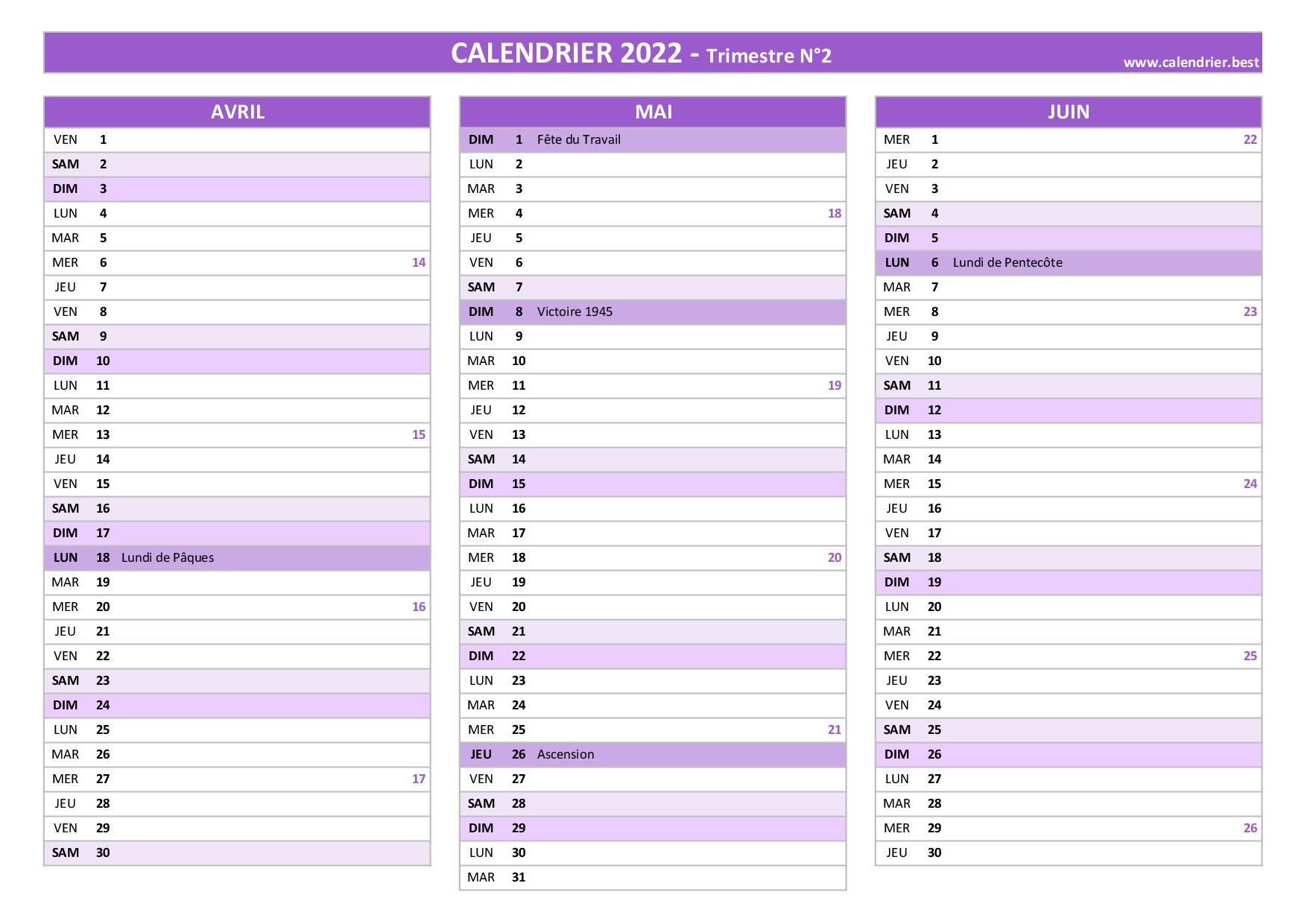 Calendrier 2022 trimestriel à imprimer