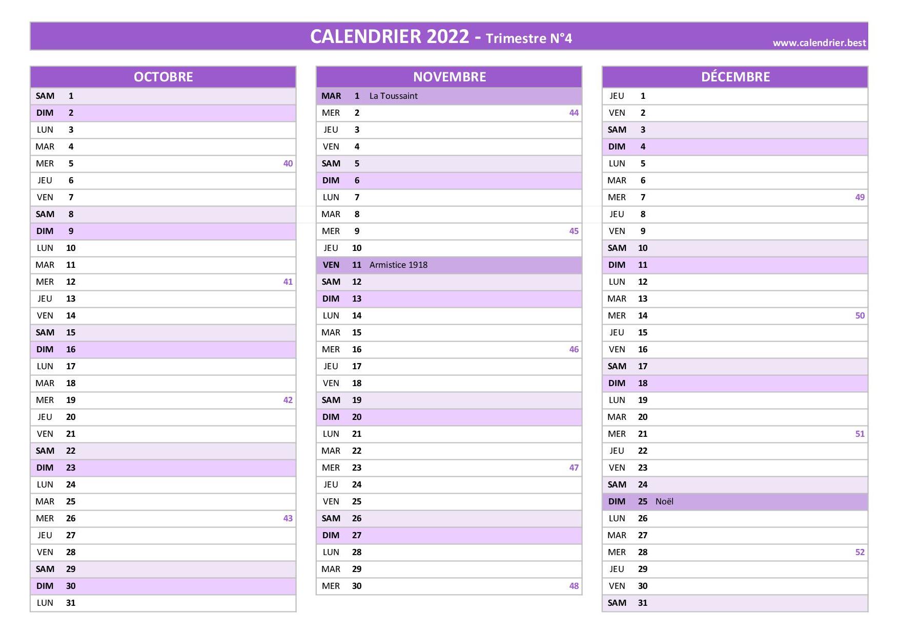 Calendrier 2022 trimestriel à imprimer