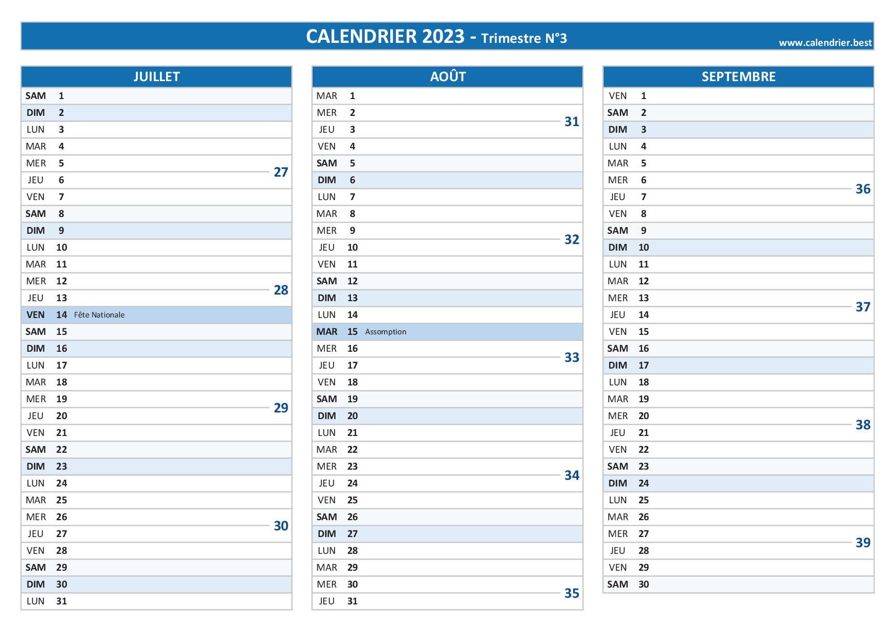 Calendrier pour le 3ème trimestre 2023 : mois de juillet, août et septembre  2023