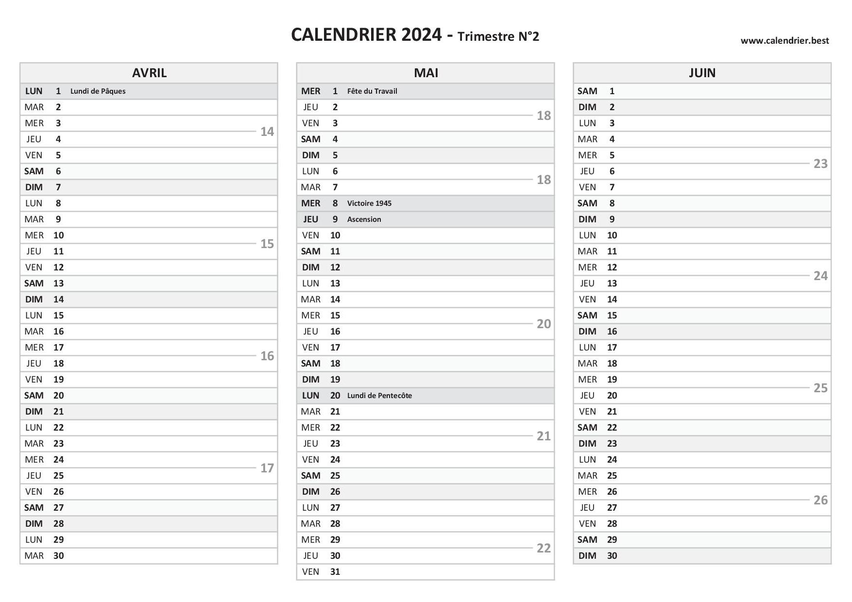 Calendrier pour le 3ème trimestre 2024 : mois de juillet, août et septembre  2024