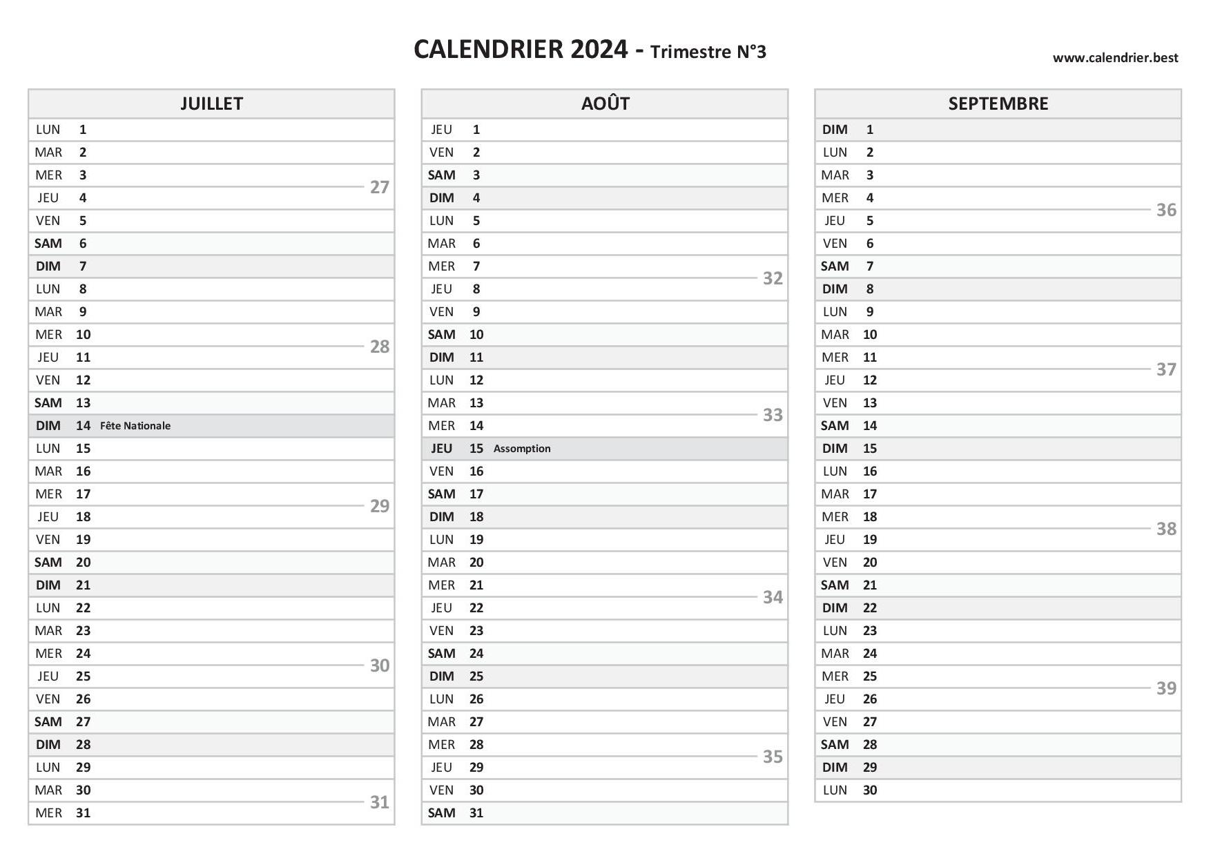 Calendrier pour le 3ème trimestre 2024 : mois de juillet, août et septembre  2024