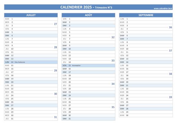 Calendrier trimestre N°3 2025 à imprimer (mois de juillet, août et septembre 2025).