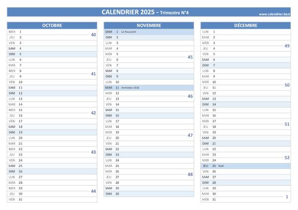 Calendrier trimestre N°4 2025 à imprimer (mois d'octobre, novembre et décembre 2025).