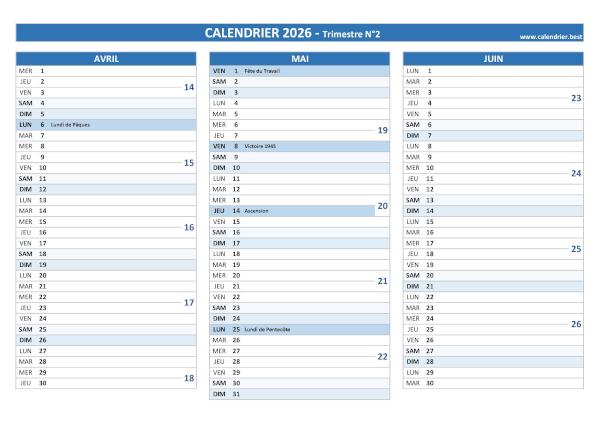 Calendrier trimestre N°2 2026 à imprimer (mois d'avril, mai et juin 2026).