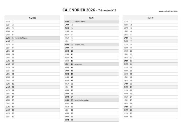 Calendrier trimestre N°2 2026 à imprimer (mois d'avril, mai et juin 2026).