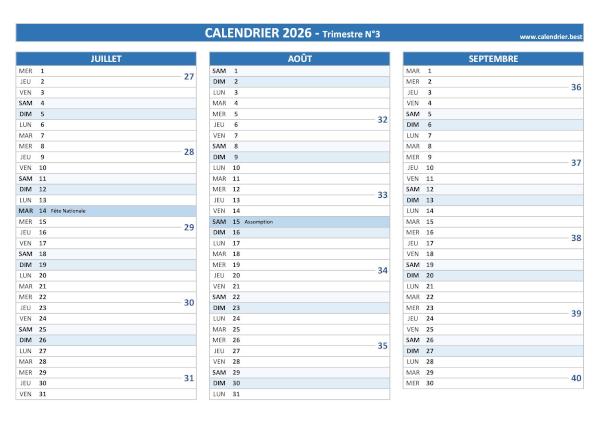 Calendrier trimestre N°3 2026 à imprimer (mois de juillet, août et septembre 2026).