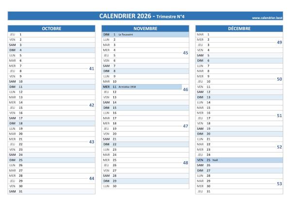 Calendrier trimestriel 2026 à imprimer pour le 4ème trimestre 2026.