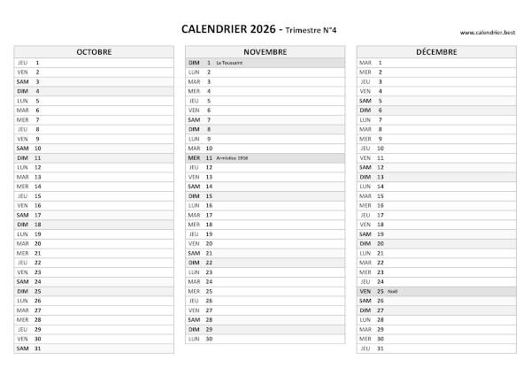 Calendrier trimestre N°4 2026 à imprimer (mois d'octobre, novembre et décembre 2026).