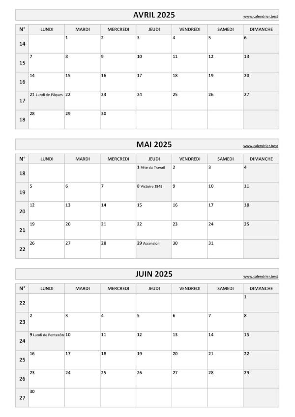 Calendrier pour le 2ème trimestre 2025 : mois d'avril, mai et juin 2025