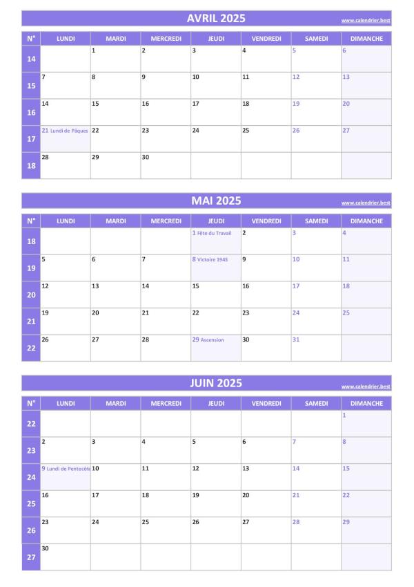 Calendrier pour le 2ème trimestre 2025 : mois d'avril, mai et juin 2025