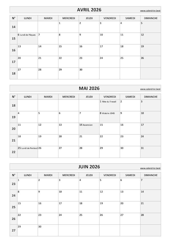 Calendrier pour le 2ème trimestre 2026 : mois d'avril, mai et juin 2026