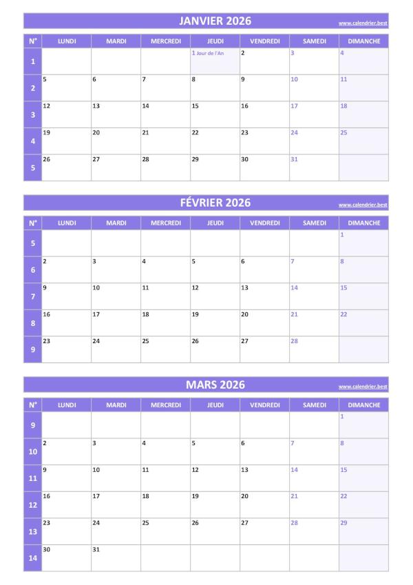 Calendrier pour le 1er trimestre 2026 : mois de janvier, février et mars 2026