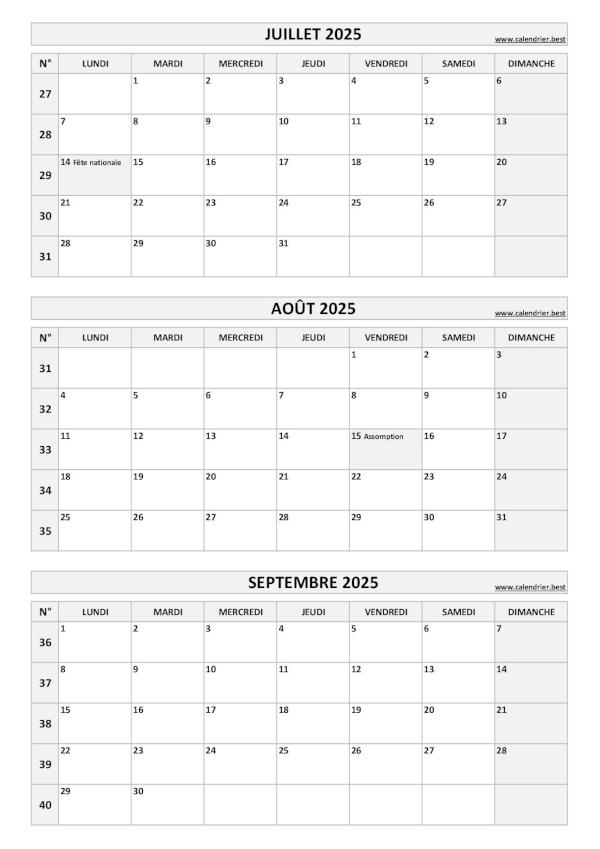 Calendrier pour le 3ème trimestre 2025 : mois de juillet, août et septembre 2025