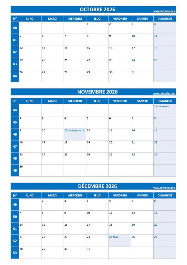 Calendrier pour le 4ème trimestre 2026 : mois d'octobre, novembre et décembre 2026