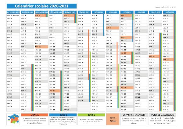 Calendrier scolaire 2020-2021 avec jours fériés à imprimer