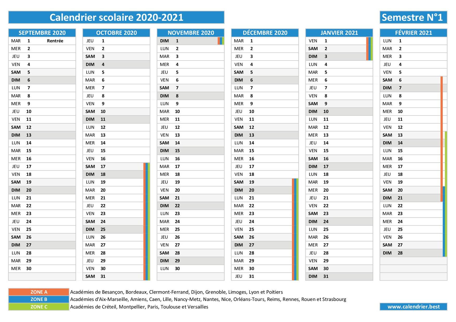 Calendrier scolaire 2020-2021 à imprimer - Pdf