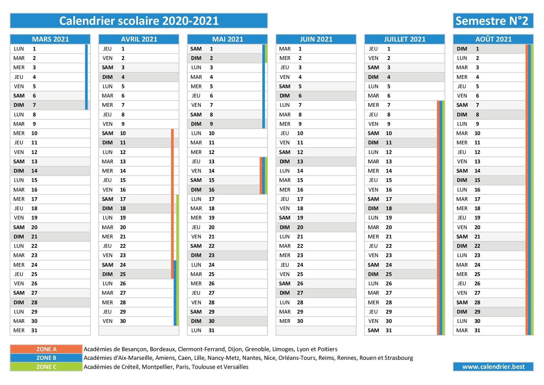 Calendrier scolaire 2020-2021 à imprimer - Pdf