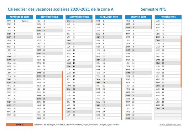 Calendrier scolaire 2020-2021 de la zone A à imprimer - Semestre N°1