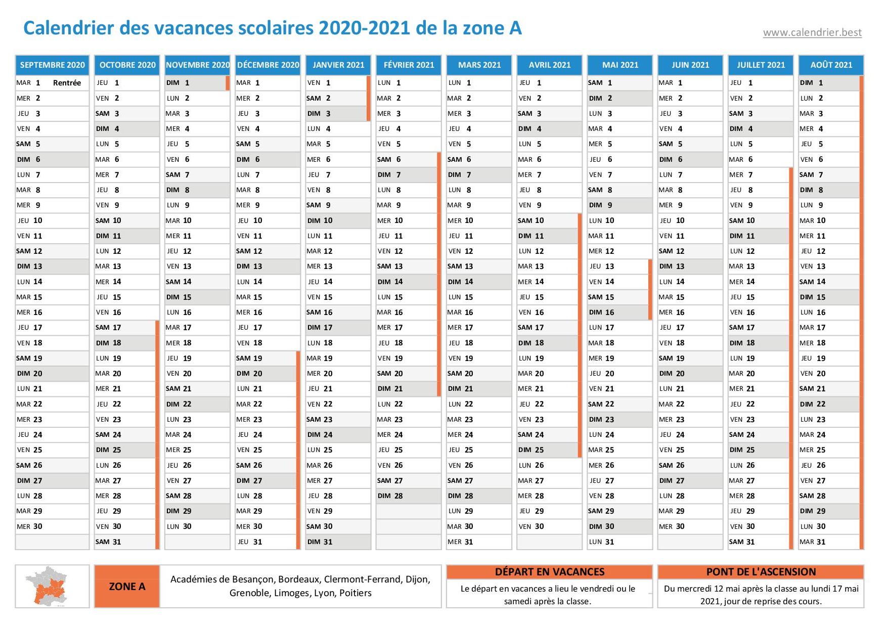 Calendrier scolaire 2020-2021 à imprimer - Pdf