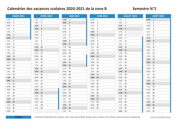 Calendrier scolaire 2020-2021 de la zone B à imprimer - Semestre N°2