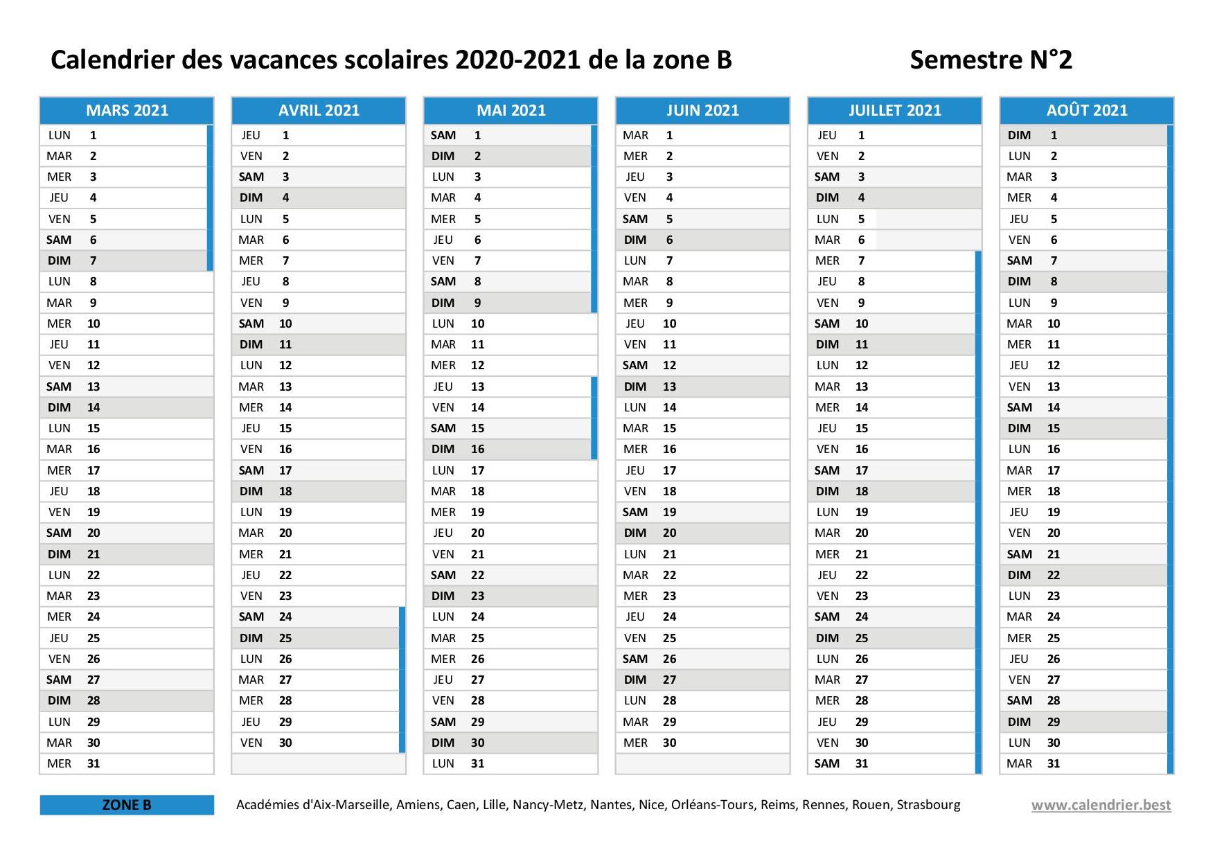 Calendrier scolaire 2020-2021 à imprimer - Pdf