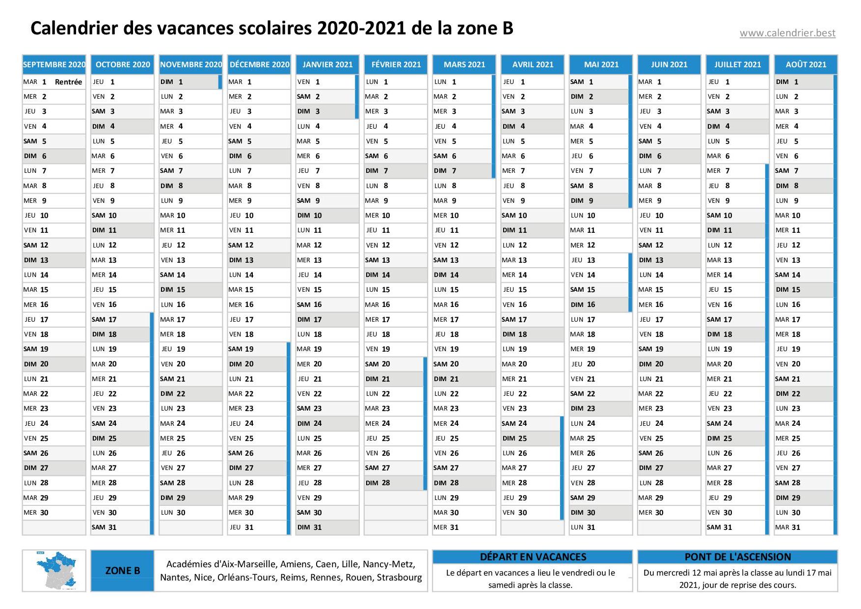 Calendrier scolaire 2020-2021 à imprimer - Pdf