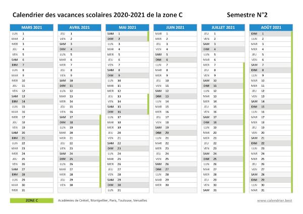 Calendrier scolaire 2020-2021 de la zone C à imprimer - Semestre N°2