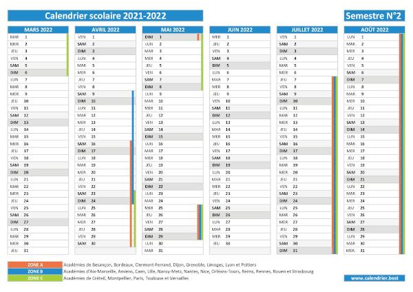 Calendrier scolaire 2021-2022 à imprimer - Semestre N°2