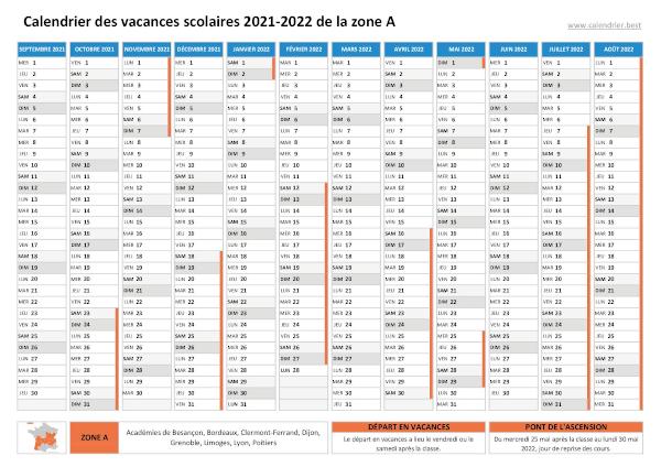 Calendrier scolaire 2021-2022 de la zone A à imprimer