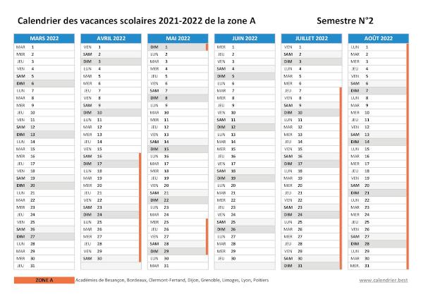 Calendrier scolaire 2021-2022 de la zone A à imprimer - Semestre N°2