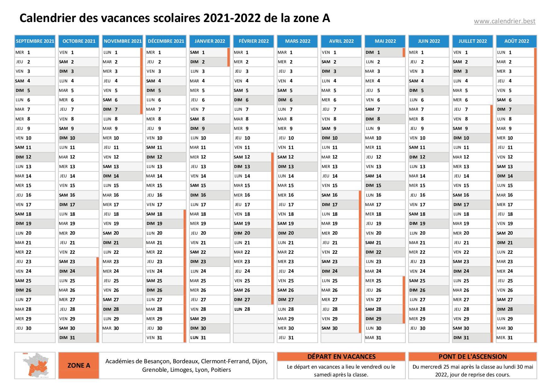 Calendrier scolaire 2021-2022 à consulter, télécharger et imprimer en pdf