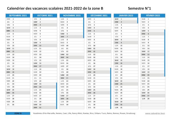 Calendrier scolaire 2021-2022 de la zone B à imprimer - Semestre N°1