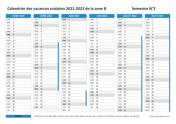 Calendrier scolaire 2021-2022 de la zone B à imprimer - Semestre N°2