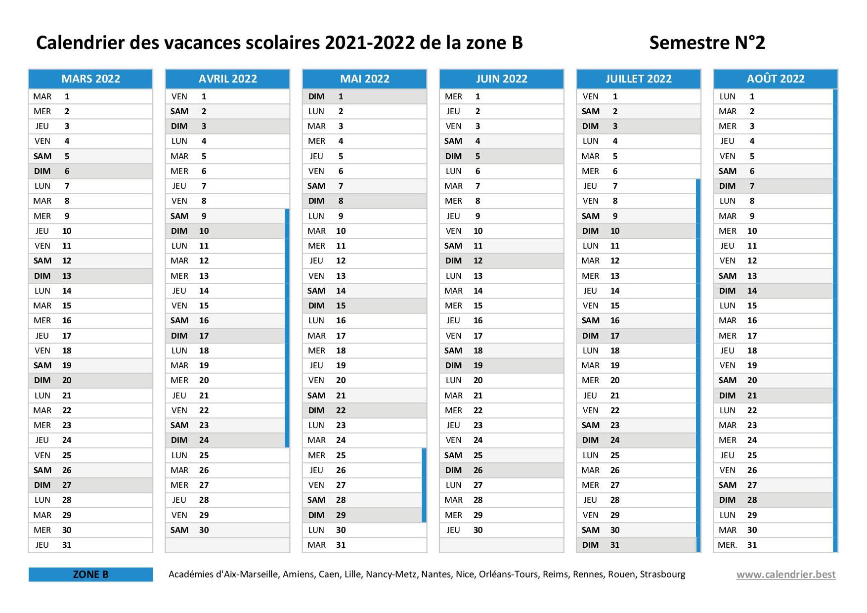 Calendrier scolaire 2021-2022 à consulter, télécharger et imprimer en pdf