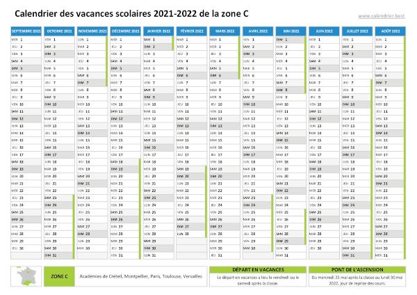 Calendrier scolaire 2021-2022 de la zone C à imprimer