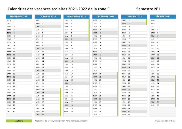 Calendrier scolaire 2021-2022 de la zone C à imprimer - Semestre N°1