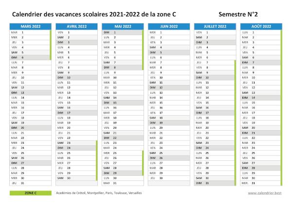 Calendrier scolaire 2021-2022 de la zone C à imprimer - Semestre N°2