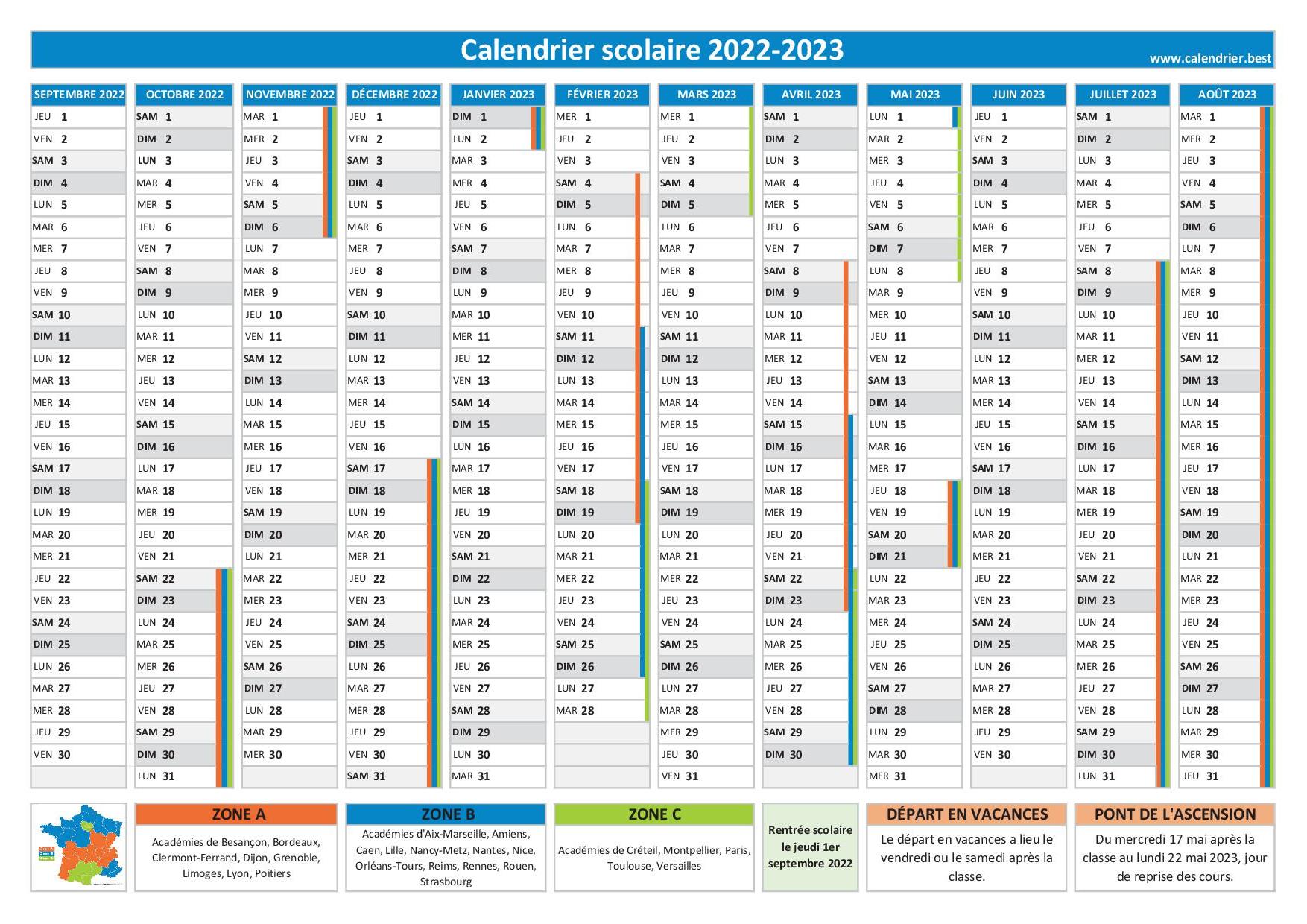 Calendrier scolaire 2022-2023 à consulter, télécharger et imprimer en pdf