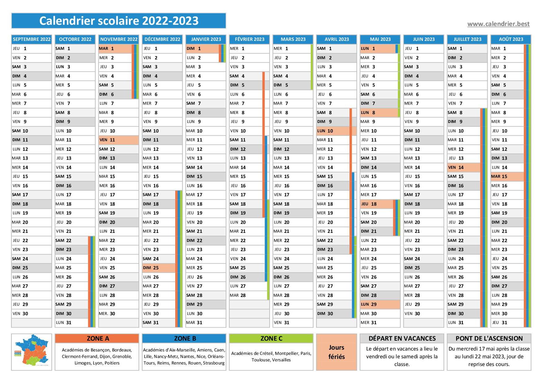 Calendrier 2023 avec vacances scolaires et jours fériés à imprimer