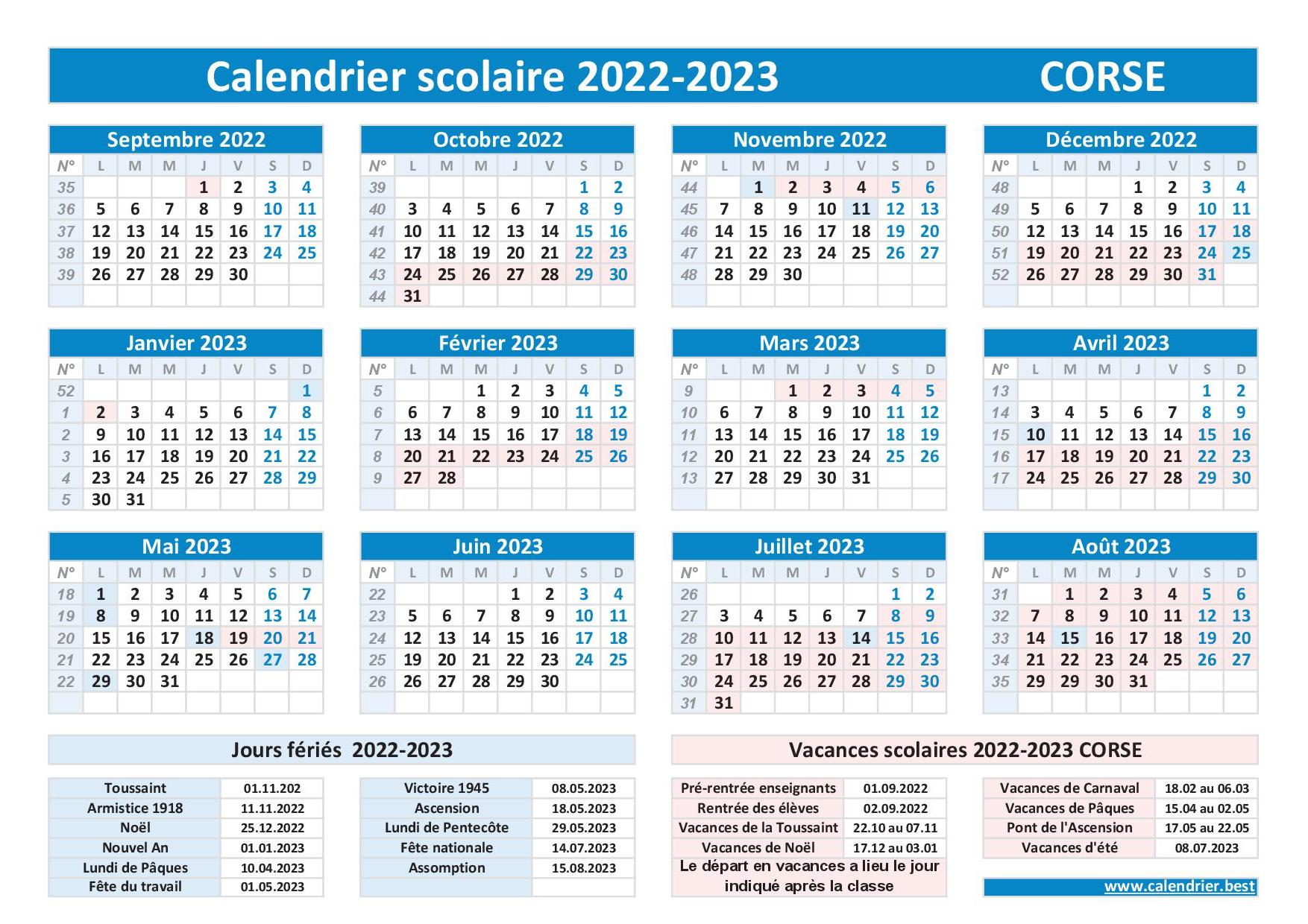 Académie de Corse : dates officielles des vacances scolaires 2022-2023