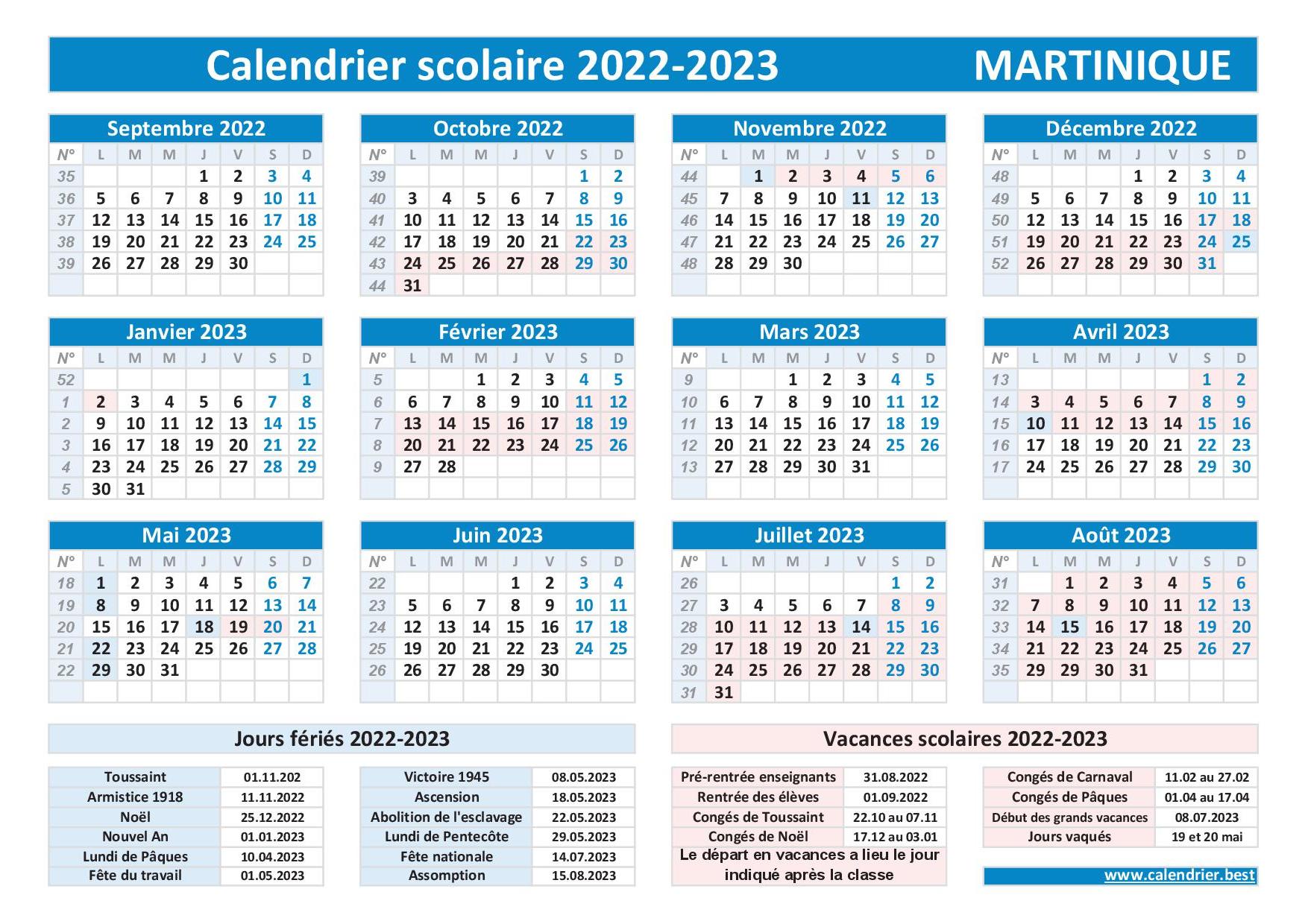 Calendrier Scolaire 2022 2023 Martinique 