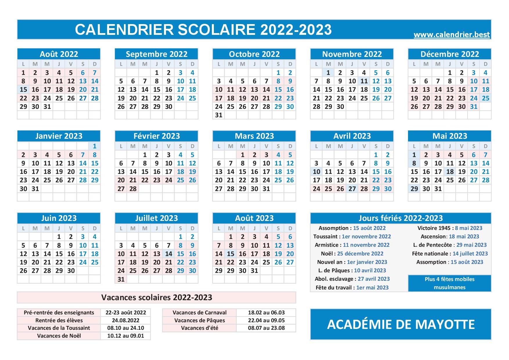 Vacances scolaires 2022 2023 académie de Mayotte