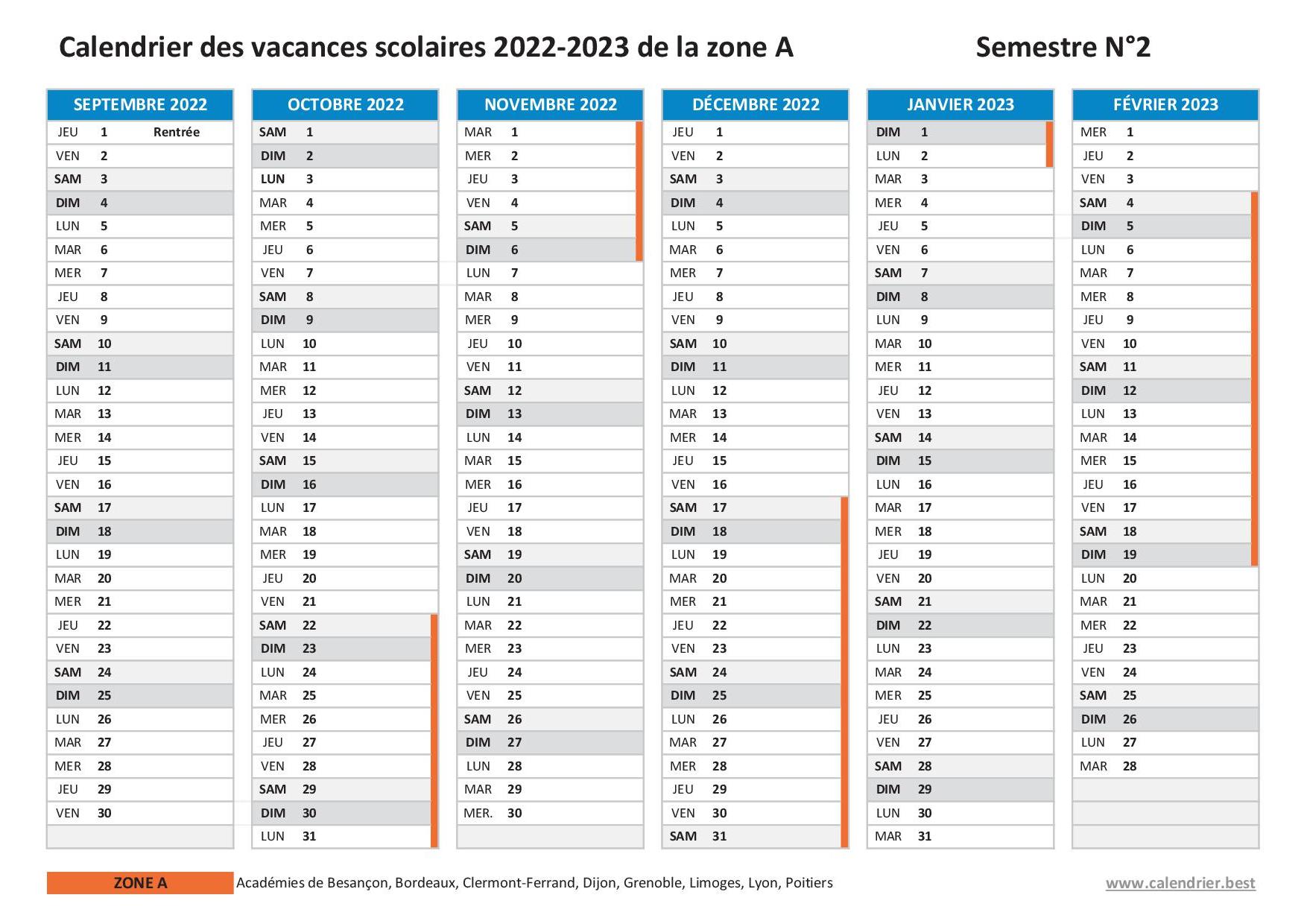 Vacances scolaires 2022-2023 ZONE A - Calendrier scolaire 2022-2023 de la zone  A à imprimer